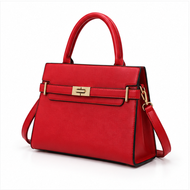 Red Structured Leather Gold Clasp Handbag