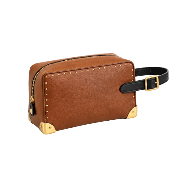 Cognac Studded Leather Wristlet Crossbody Bag