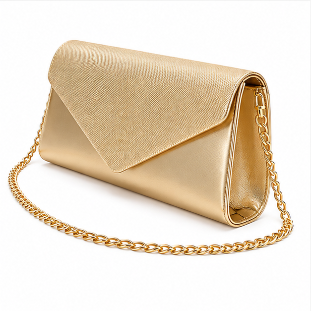 Gold Envelope Clutch With Chain Strap