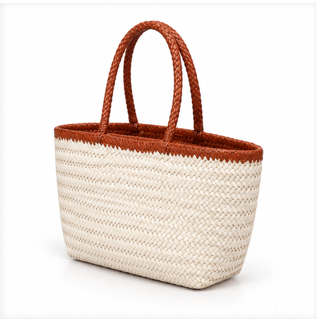 Ivory Woven Tote With Brown Handles