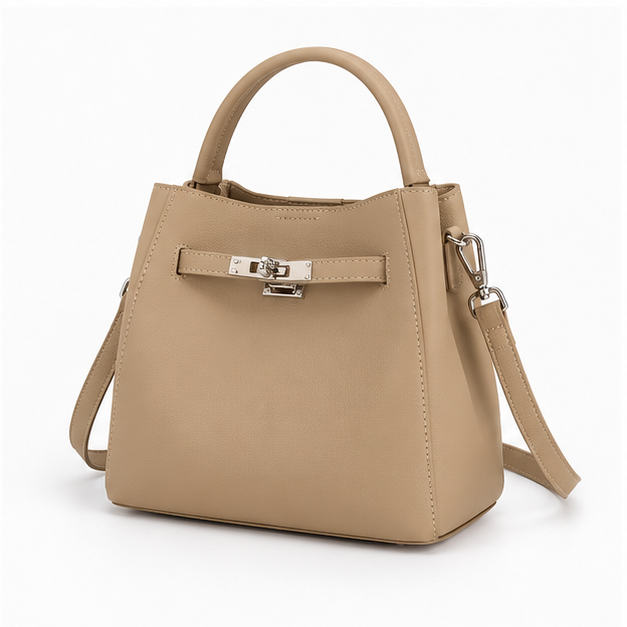 Elegant Taupe Structured Leather Bucket Handbag