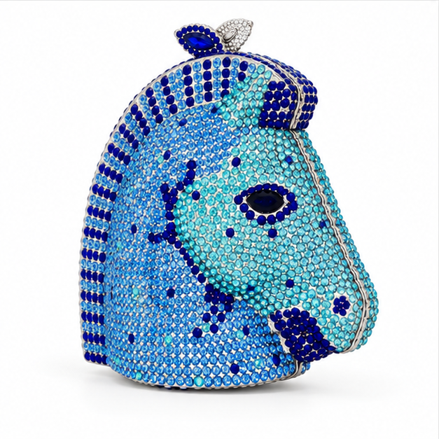 Blue Crystal Horse Head Evening Clutch