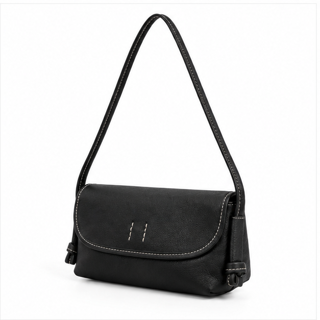 Black Pebbled Leather Crossbody Flap Shoulder Bag