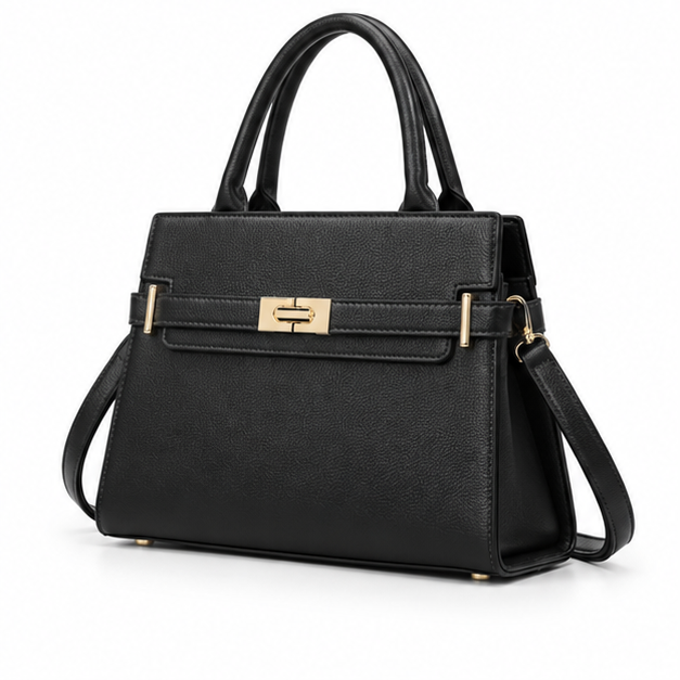 Black Structured Leather Gold Lock Handbag