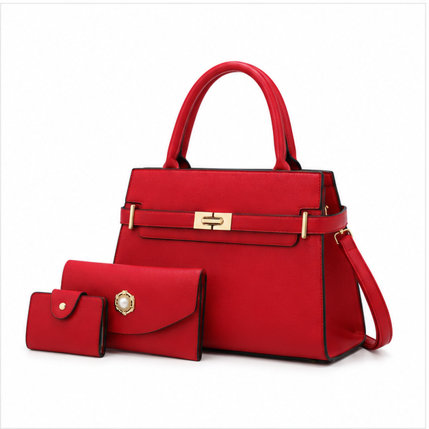 Red Structured Handbag With Matching Accessories