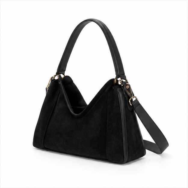 Black Suede Shoulder Bag With Strap