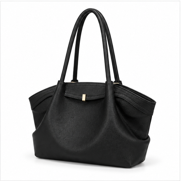 Black Pebbled Leather Elegant Shoulder Tote