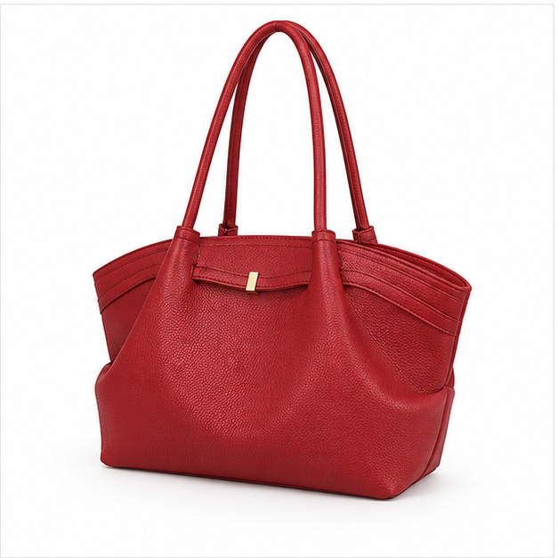 Red Pebbled Leather Elegant Shoulder Tote