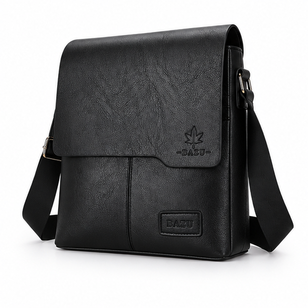 Black Textured Leather Crossbody Messenger Bag