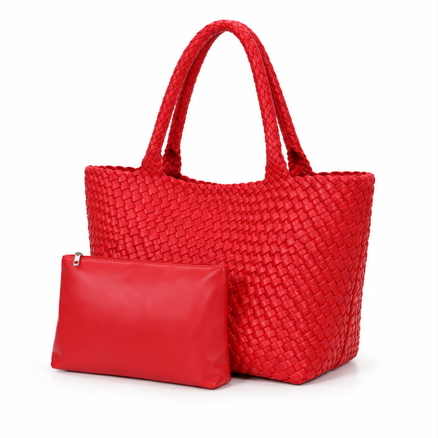Red Woven Tote Bag With Pouch