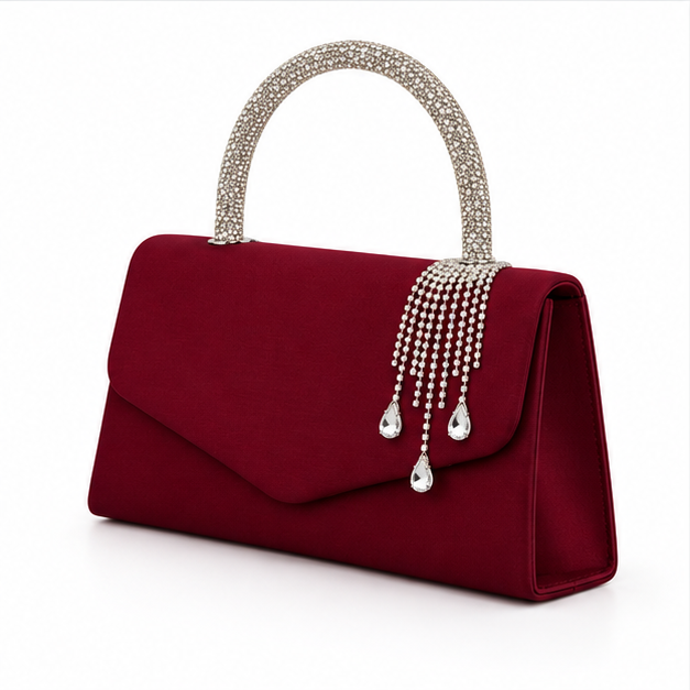 Burgundy Crystal Handle Evening Clutch Handbag