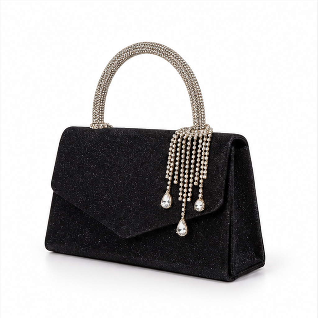 Black Crystal Handle Glitter Evening Handbag