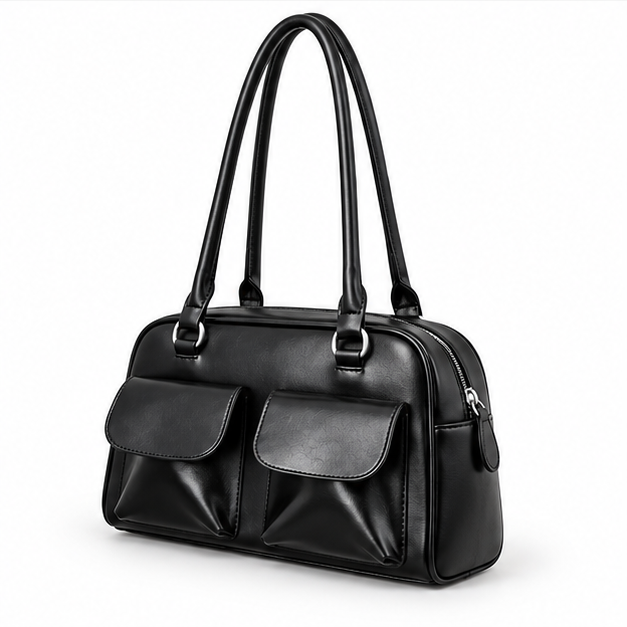 Black Double Pocket Structured Shoulder Bag