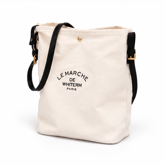 Ivory Canvas Shoulder Tote With black Strap