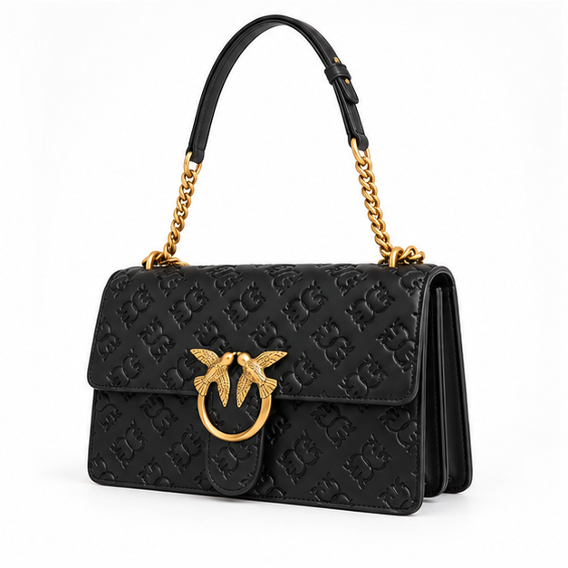 Black Embossed Gold Clasp Shoulder Bag