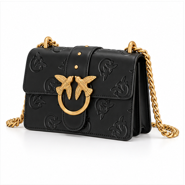 Elegant Black Embossed Bird Chain Shoulder Bag