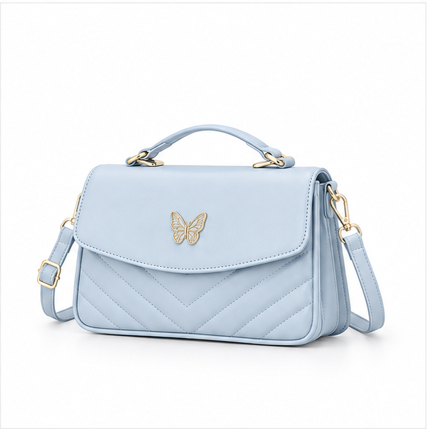 Ice Blue Butterfly Quilted Shoulder Handbag