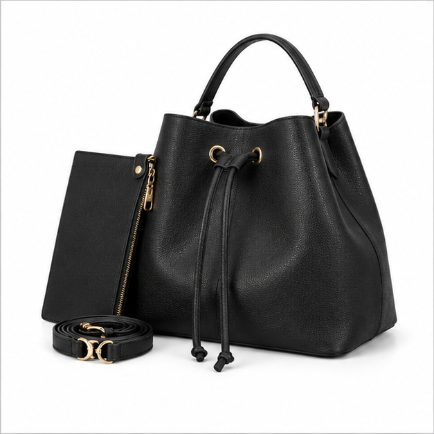 Black Drawstring Bucket Handbag With Pouch