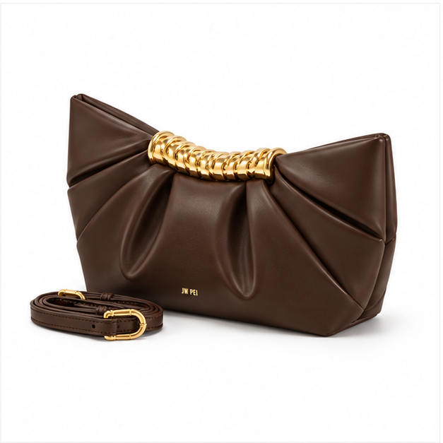 Chocolate Pleated Gold Handle Evening Bag