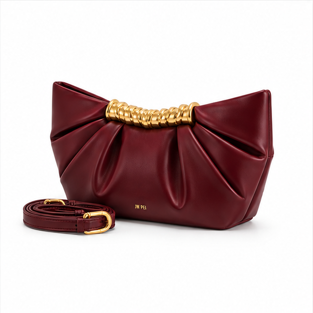 Burgundy Pleated Gold Handle Evening Bag