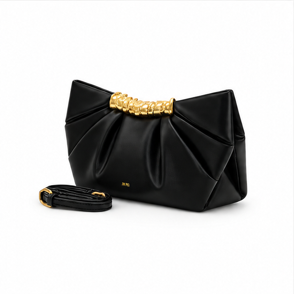 Black Pleated Gold Accent Clutch Bag