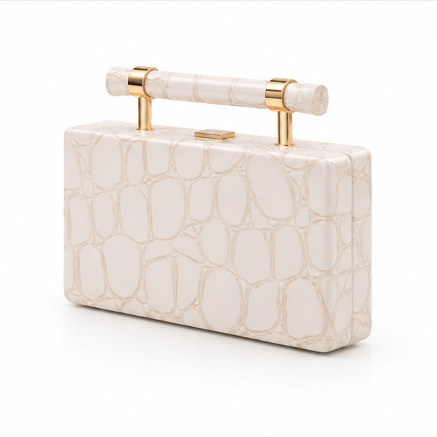 Ivory Croc Embossed Structured Clutch Bag