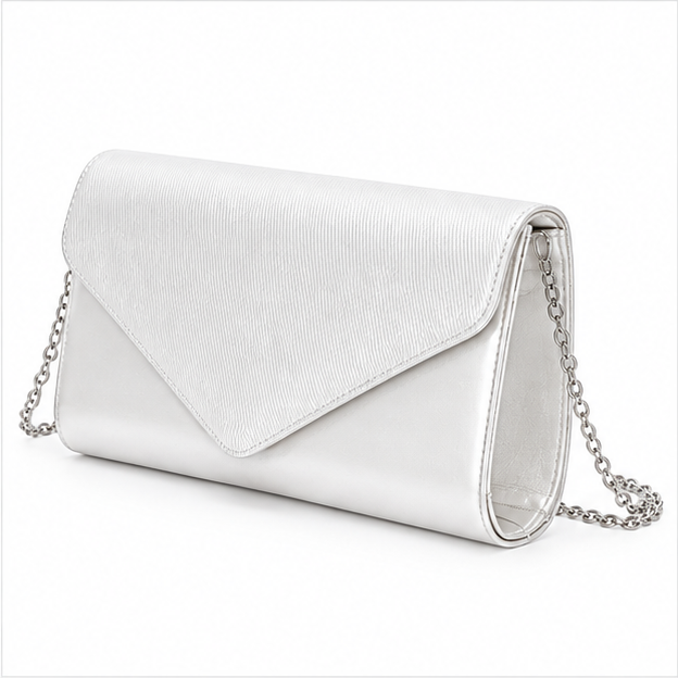 White Silver Chain Envelope Clutch Bag
