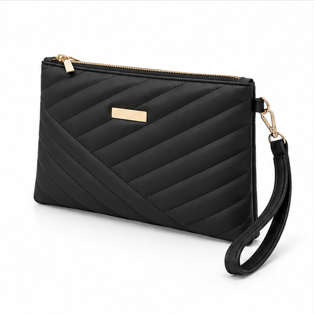 Black Quilted Wristlet Clutch Bag Purse