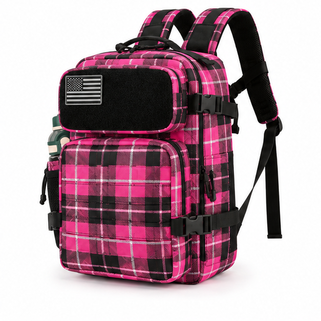 Pink Plaid Tactical Backpack with Pockets