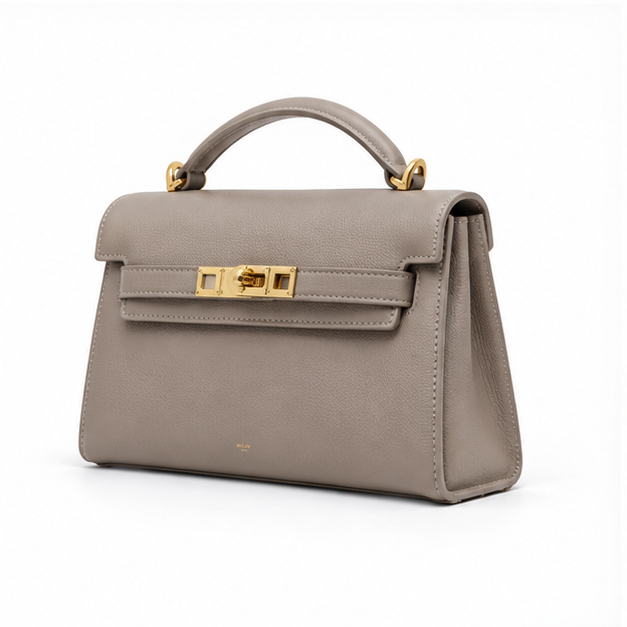Elegant Taupe Structured Top Handle Handbag