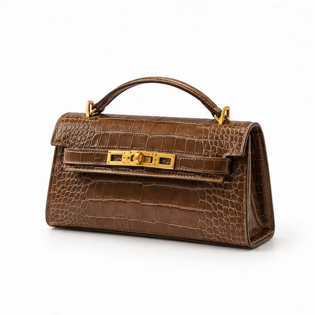 Crocodile Embossed Structured Brown Top Handle