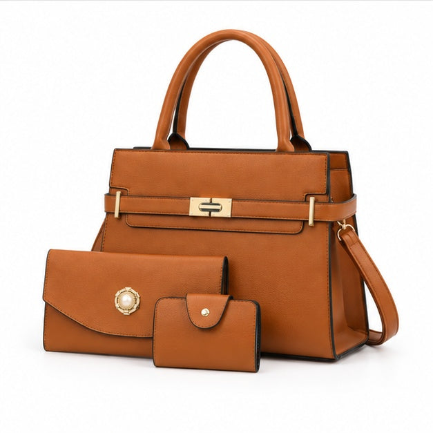 Tan Leather Handbag Three-Piece Set