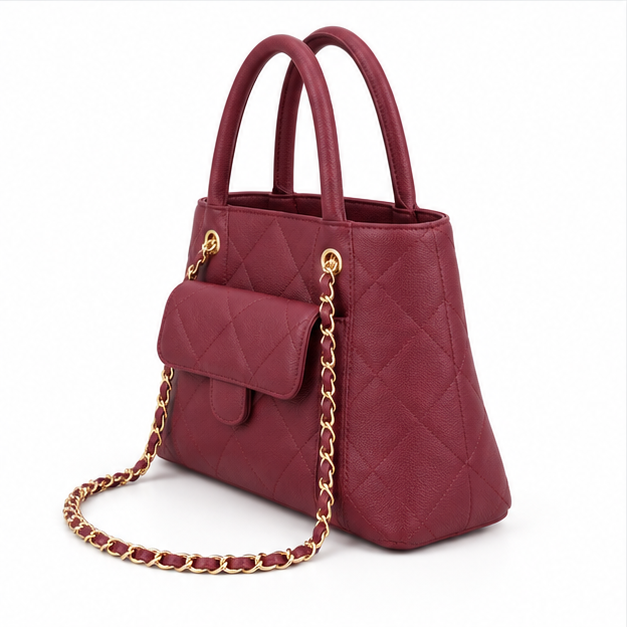 Burgundy Quilted Chain Handle Tote Bag