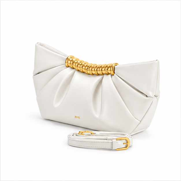 White Pleated Gold Accent Clutch Bag