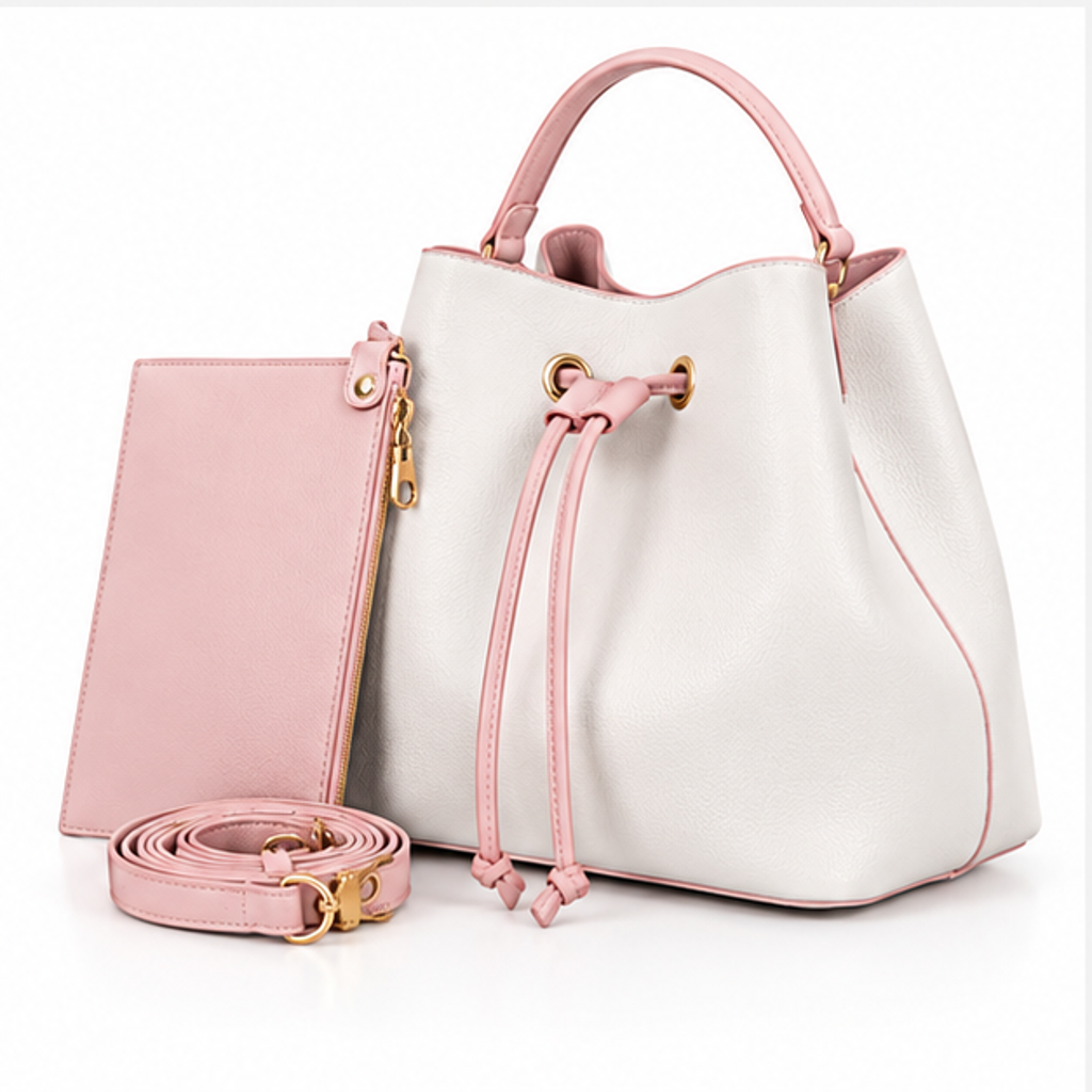 White Pink Drawstring Bucket Handbag Set
