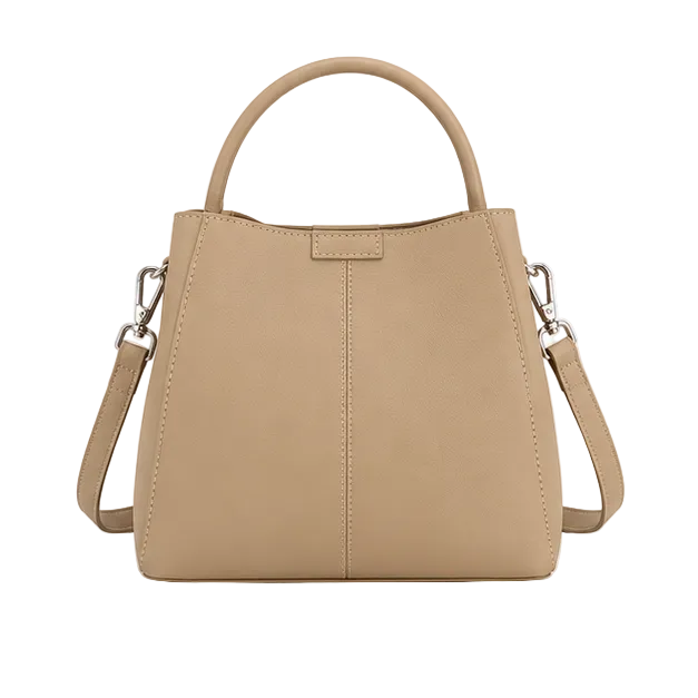 Elegant Taupe Structured Leather Bucket Handbag