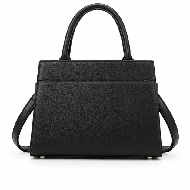 Black Structured Leather Gold Lock Handbag