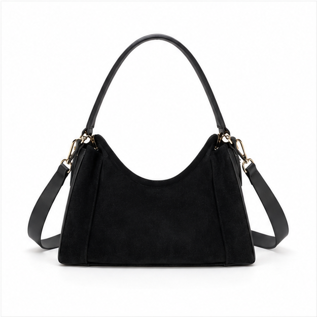 Black Suede Shoulder Bag With Strap