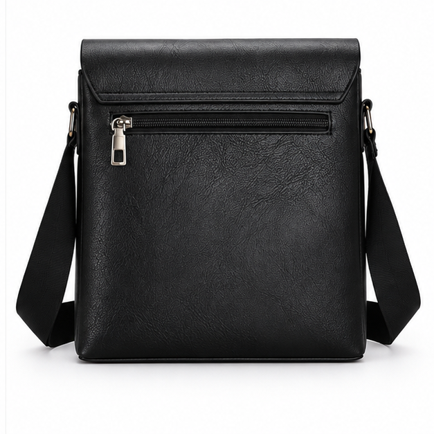 Black Textured Leather Crossbody Messenger Bag