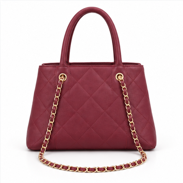 Burgundy Quilted Chain Handle Tote Bag