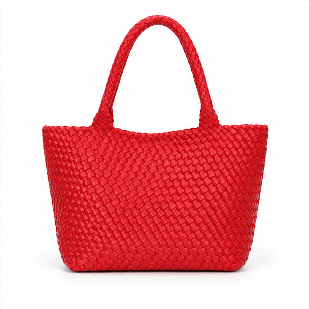 Red Woven Tote Bag With Pouch