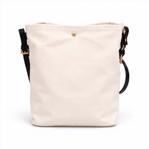 Ivory Canvas Shoulder Tote With black Strap