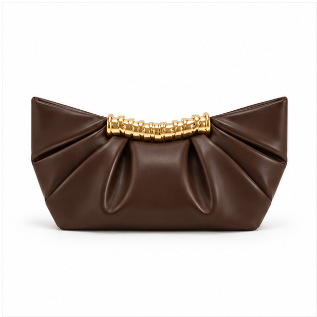 Chocolate Pleated Gold Handle Evening Bag