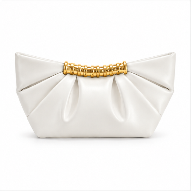 White Pleated Gold Accent Clutch Bag