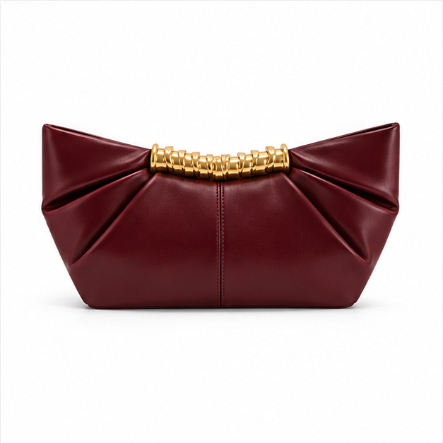 Burgundy Pleated Gold Handle Evening Bag