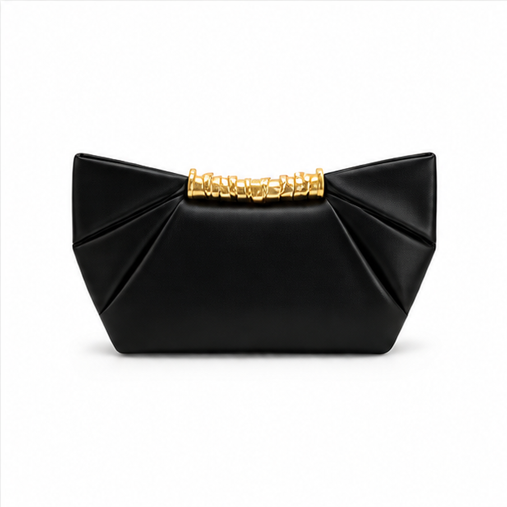 Black Pleated Gold Accent Clutch Bag