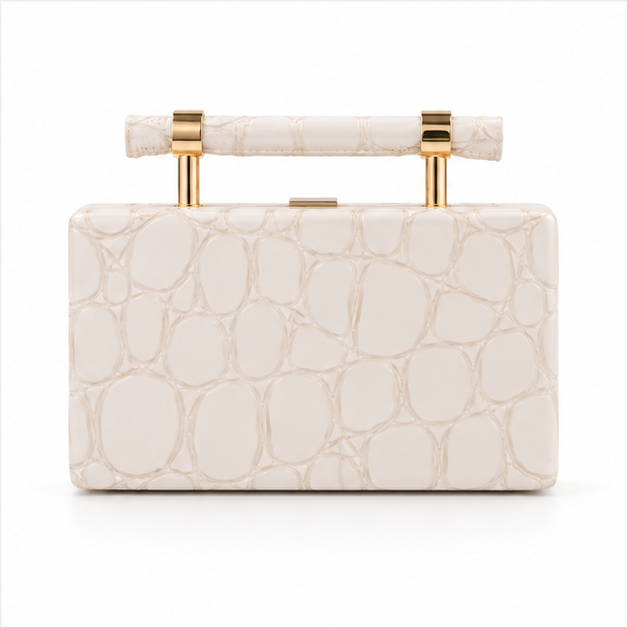 Ivory Croc Embossed Structured Clutch Bag