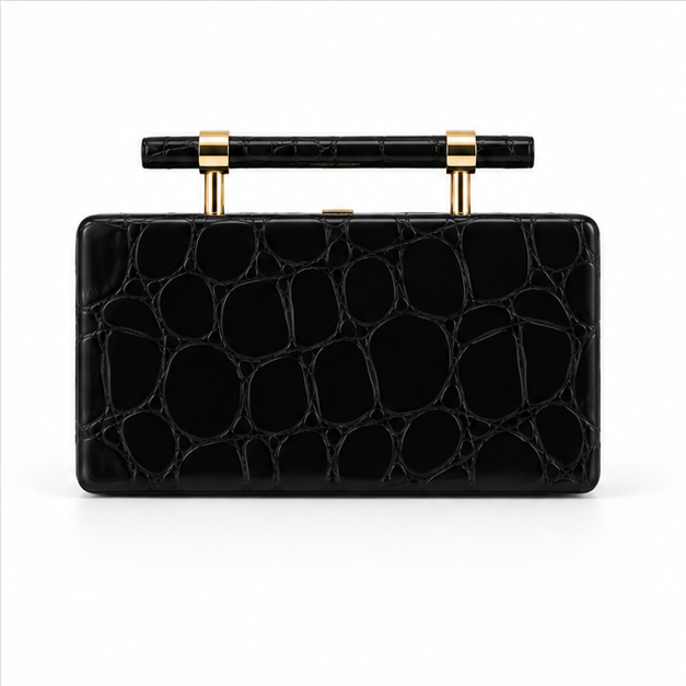 Black Crocodile Texture Structured Clutch Bag