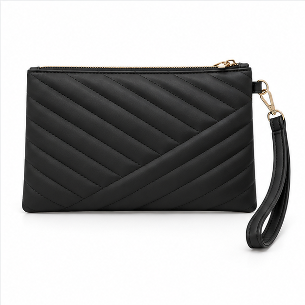 Black Quilted Wristlet Clutch Bag Purse