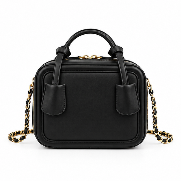 Black Structured Chain Strap Handbag Purse